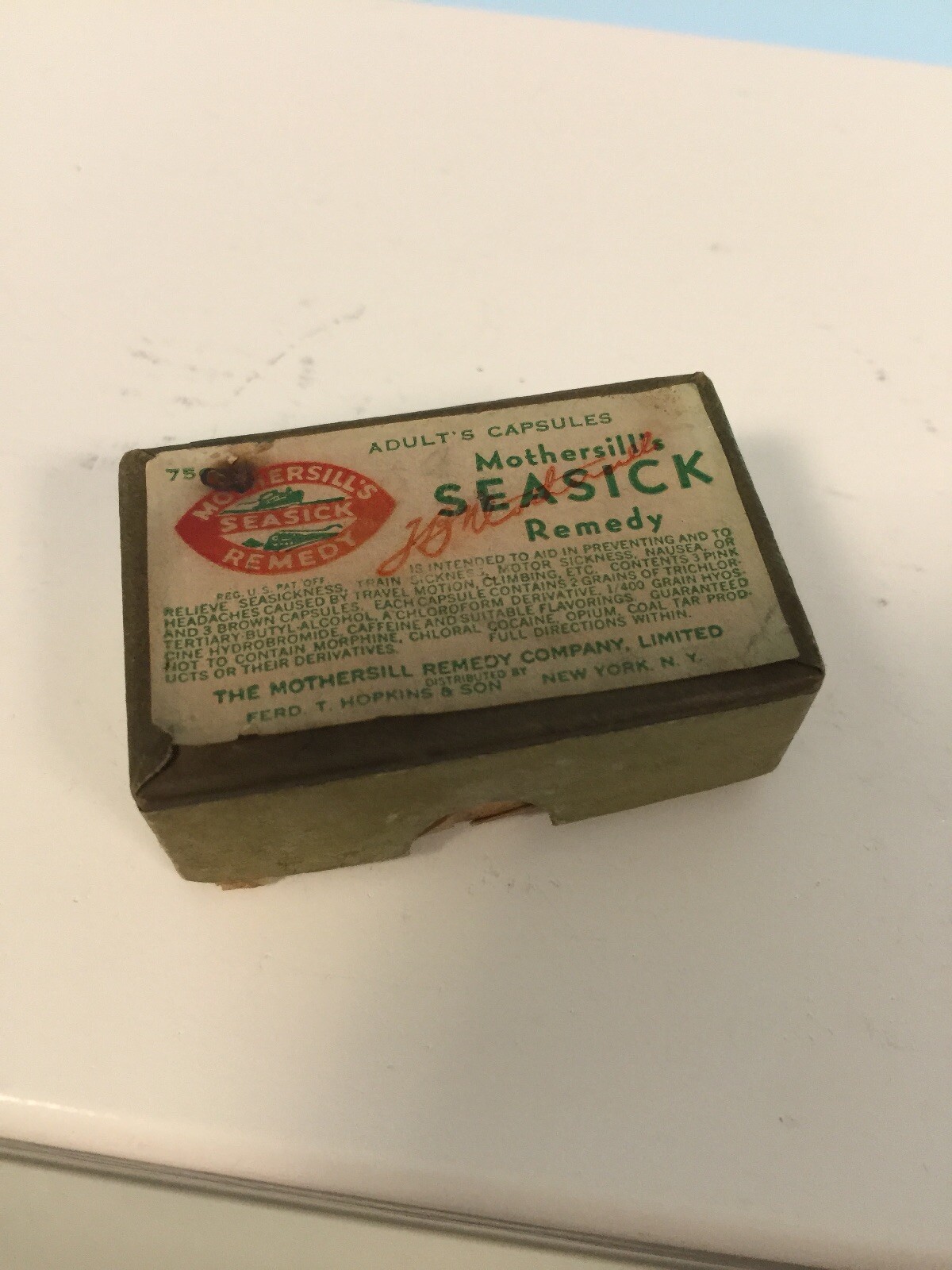 Old Advertising Medicine Box Mothersill’s Sea Sick Remedy Fred Hopkins New York