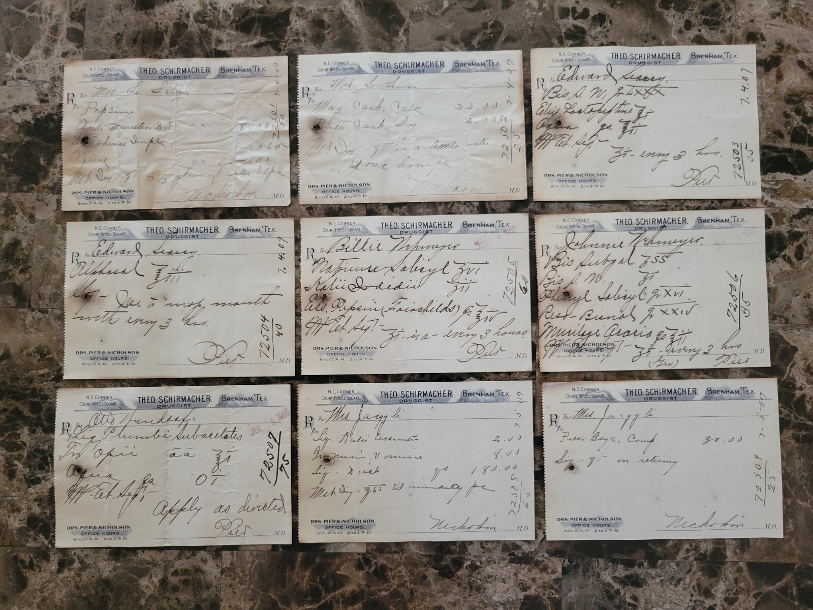 File box & 98 antique prescriptions (1907) – Opium, Ergot, Codeine & Anodyne
