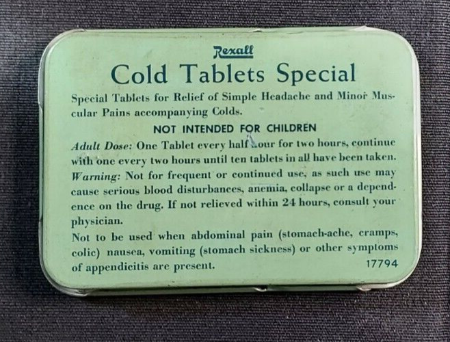 Old EMPTY Medicine Tin Rexall Cold Tablets Special United Rexall Drug Co Boston
