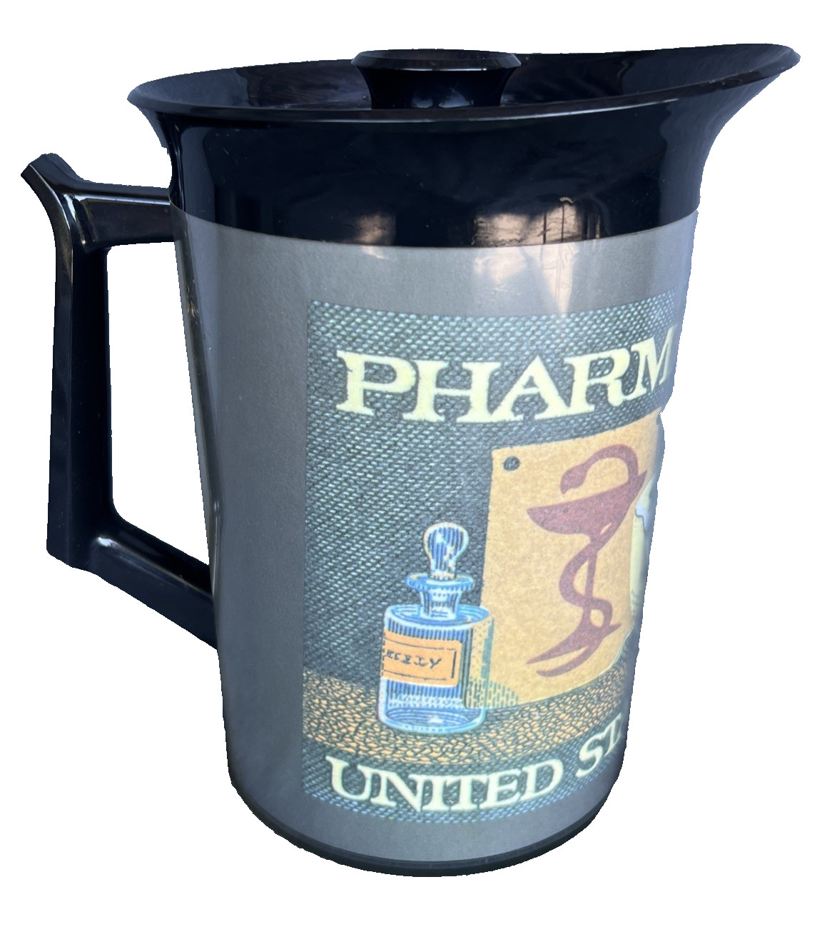 Thermo Serv Pharmacy Pitcher & 3 tumblers Postage Stamp vintage Made in USA