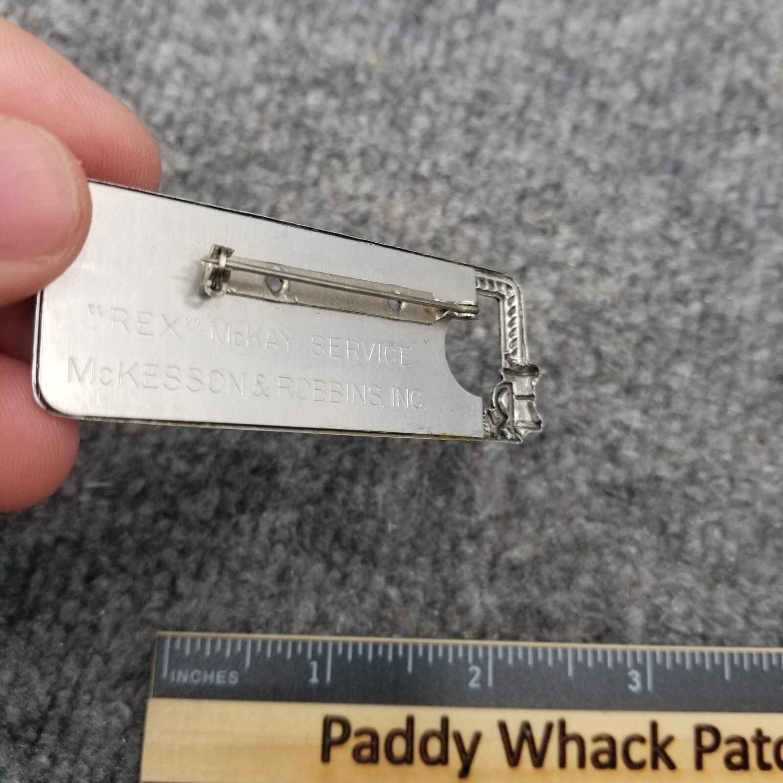 Vintage RX Rex McKay Service McKesson & Robbins Inc Pharmacist Name Tag Pin L6
