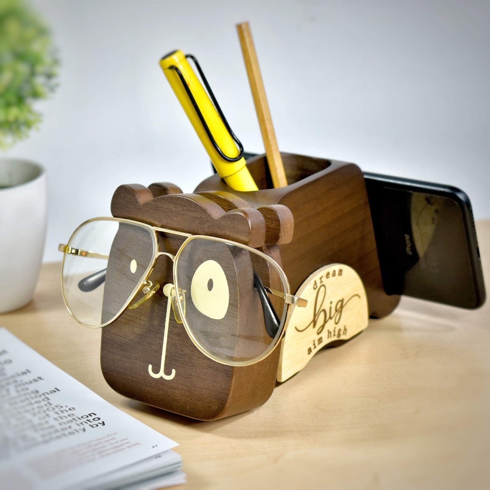 I’m Wood Multipurpose Eyeglass Phone Pen & Pencil Holder Stand Stationery Des…