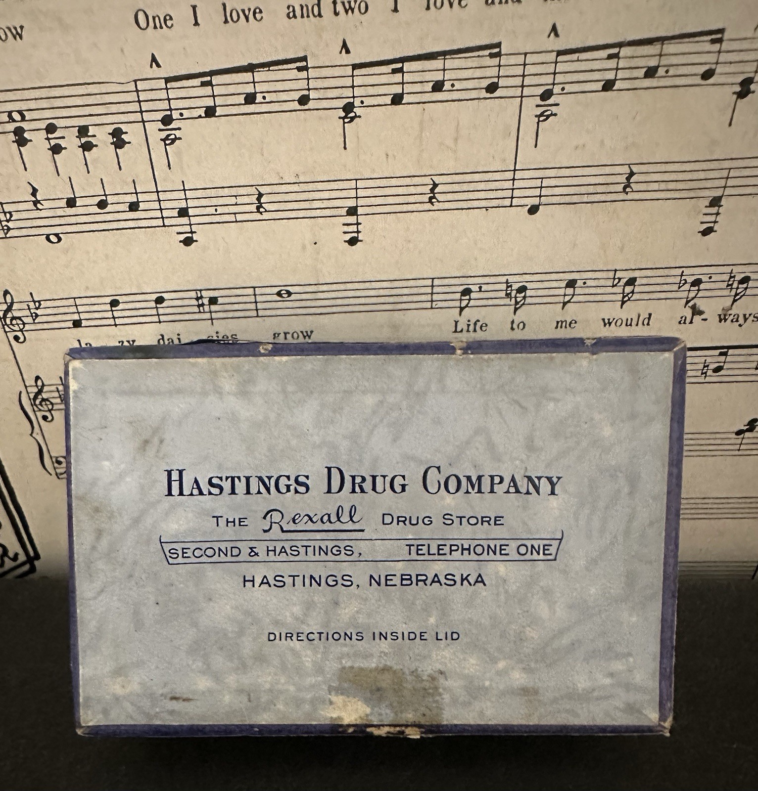 vintage, rectangular cardboard box from the Hastings Drug Company, Hastings,Neb