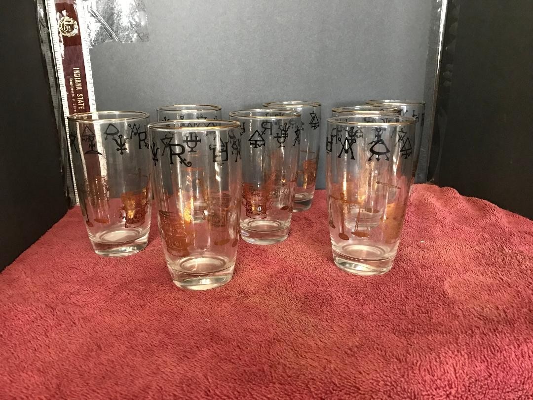 8 Vtg Modern Mid Century Rx Drinking Glasses Gold Plated Pharmacy, Apothecary