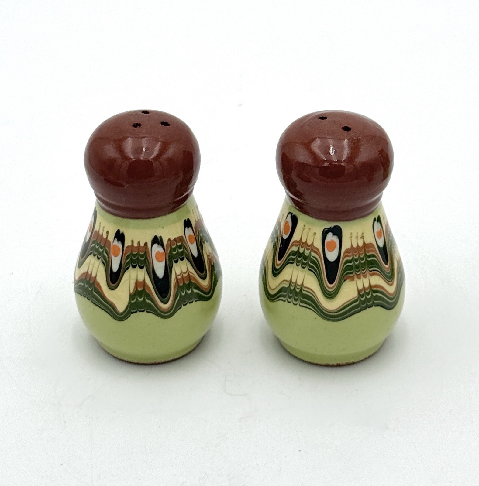 Vintage Bulgarian Peacock eye Dripware Pottery 5-Piece Condiment Set