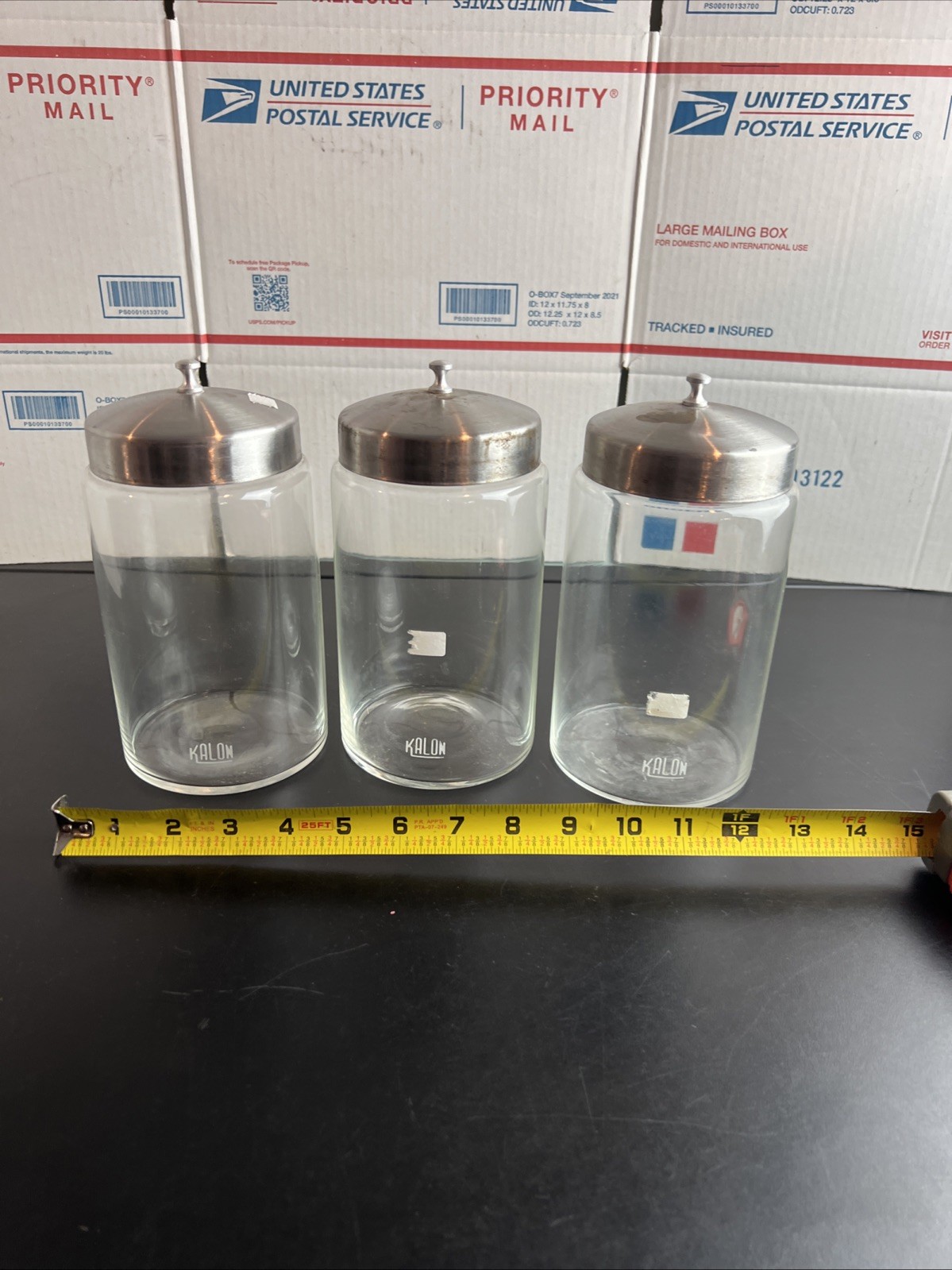 Lot of 3 Vintage Kalon Medical Apothecary Jars w/Metal Lids 7.5″ Tall