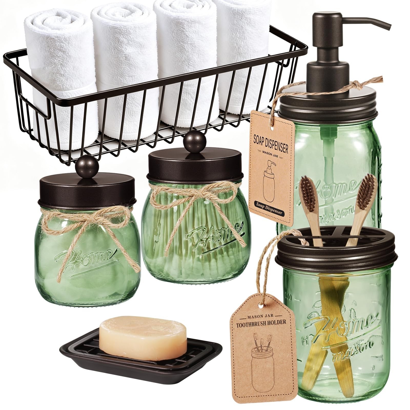 SheeChung Green Bathroom Accessories Set, 6Pcs Mason Jar Glass Bathroom Set, …