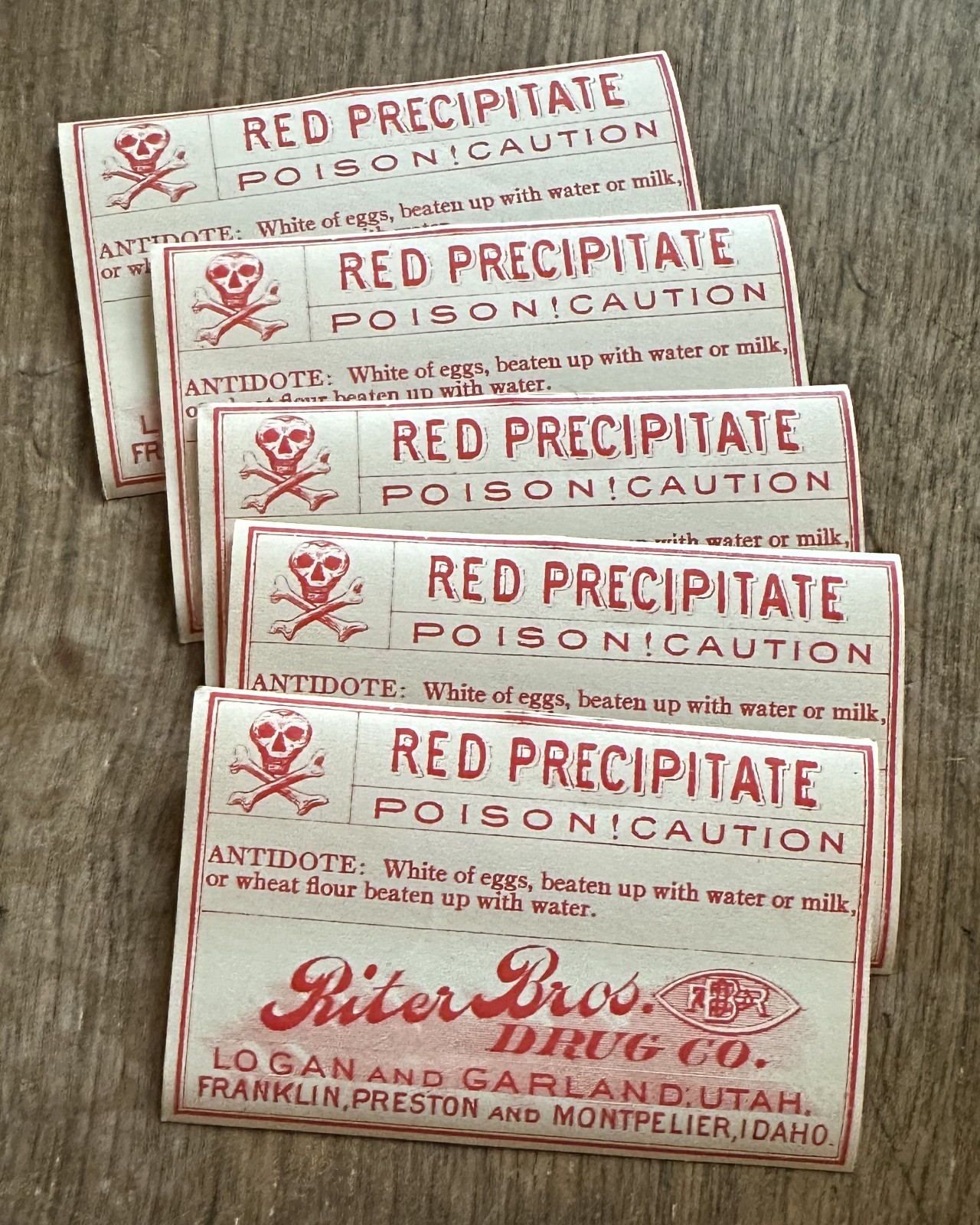antique POISON LABELS RITER BROS DRUGSTORES UTAH & IDAHO lot of 5