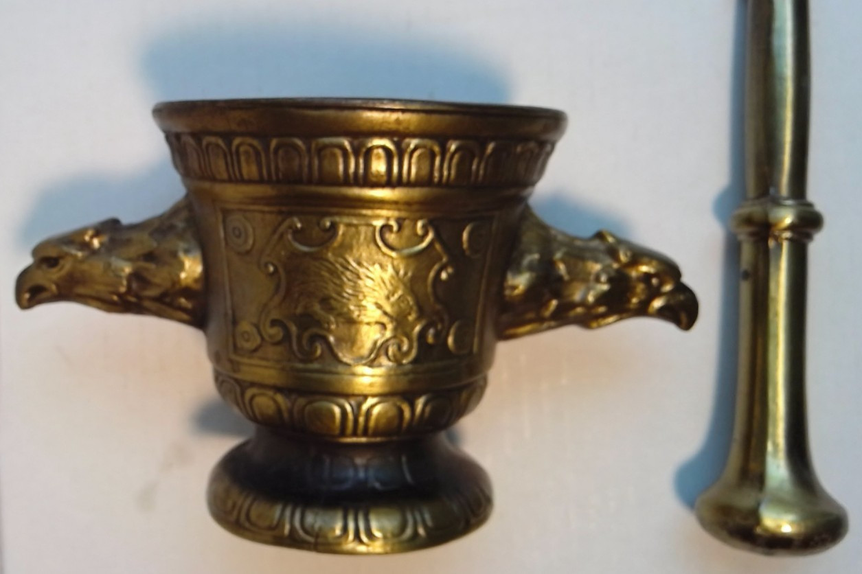 Vintage Heavy Bronze Mortar & Pestle VFOLAN MDCL Twin Eagle Heads Apothecary
