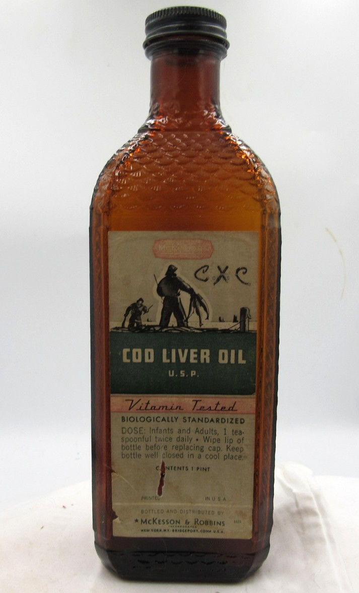 1930’s McKesson & Robbins New York Cod Liver Oil FISH 9″ Amber Medicine bottle
