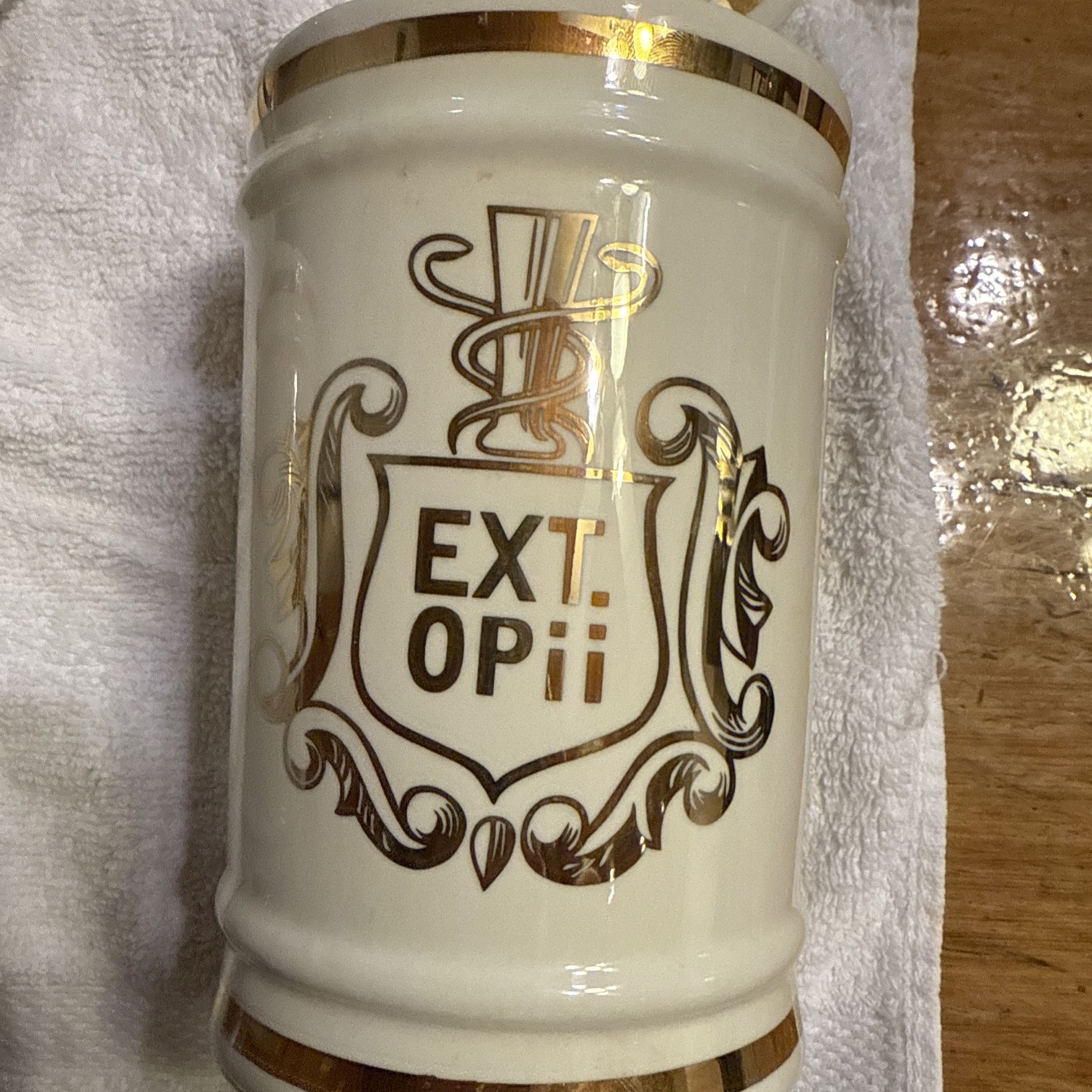 Vintage Pharmacy EXT OPii Canister Jar w/ Lid-Cream & Gold Trim-Owens Glass Pair