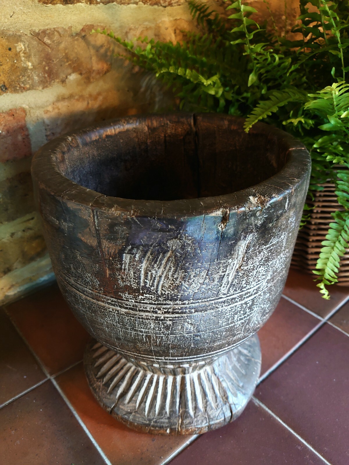 Large 17th Century apothecary hardwood mortar/Wassail Bowl? – carved detailing 