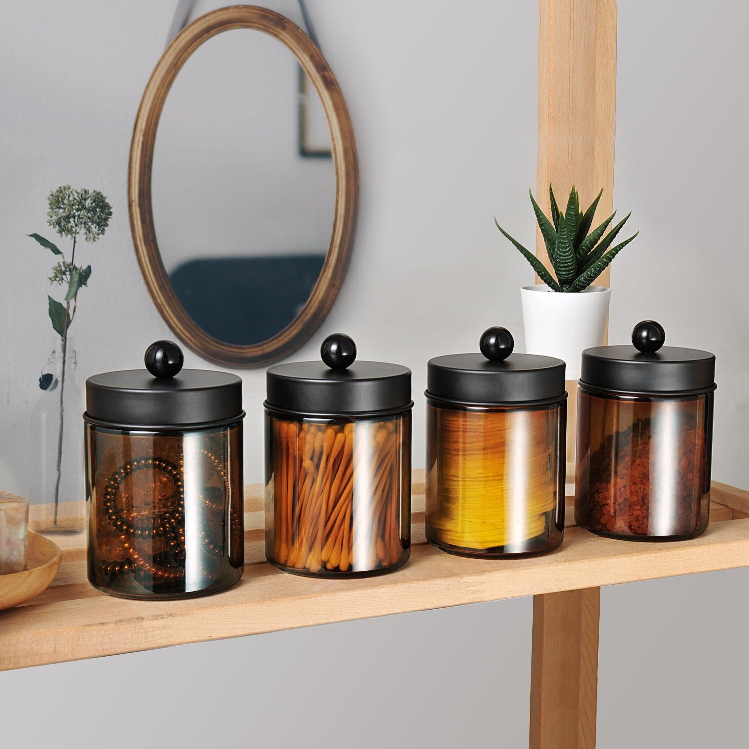 Amolliar Amber Glass Qtip Holder, Apothecary Jars with Matte Black Metal Lid …