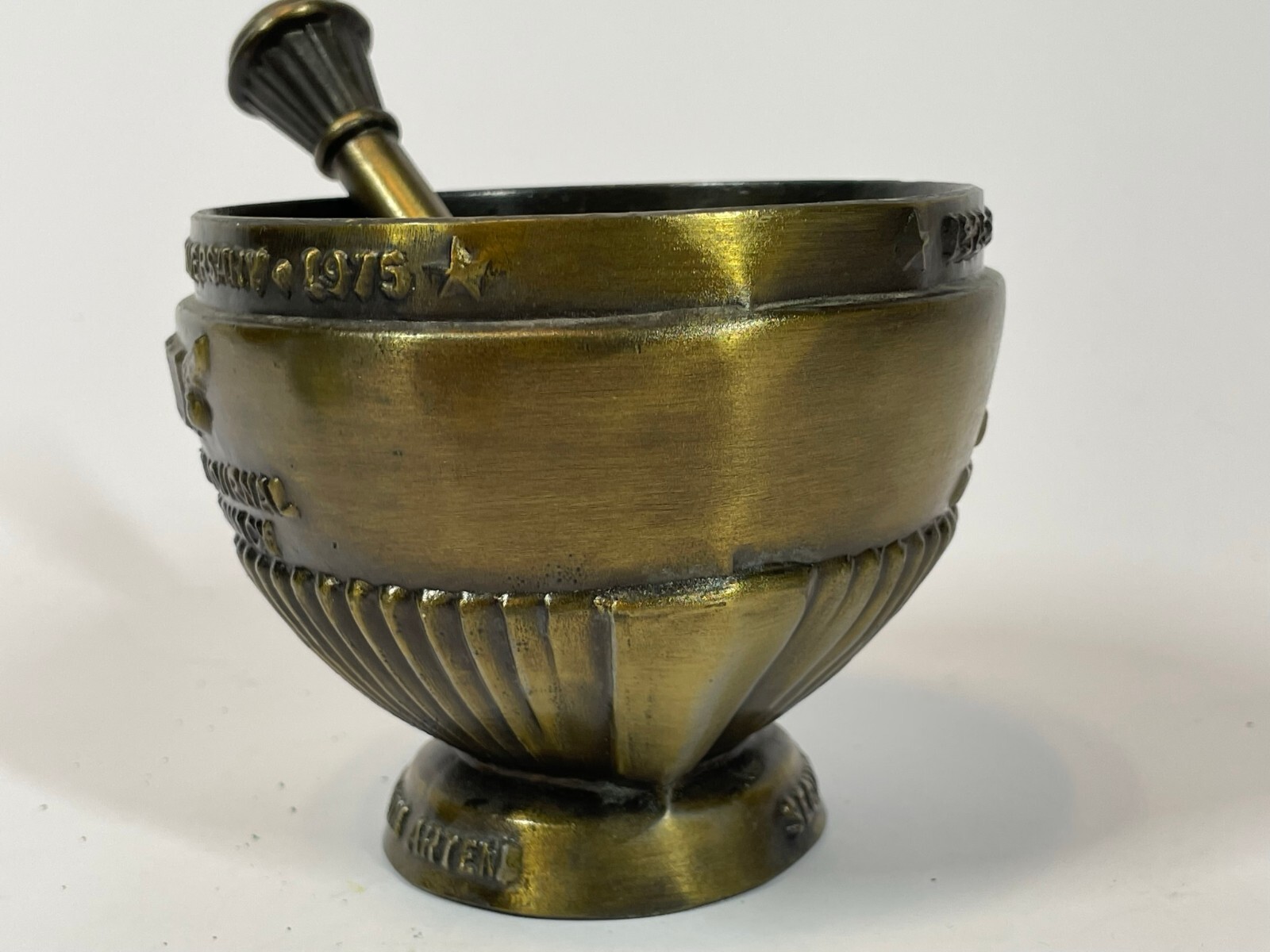 Vintage First American Pharmacy Journal Cast Brass Bronze Mortor & Pestle Set