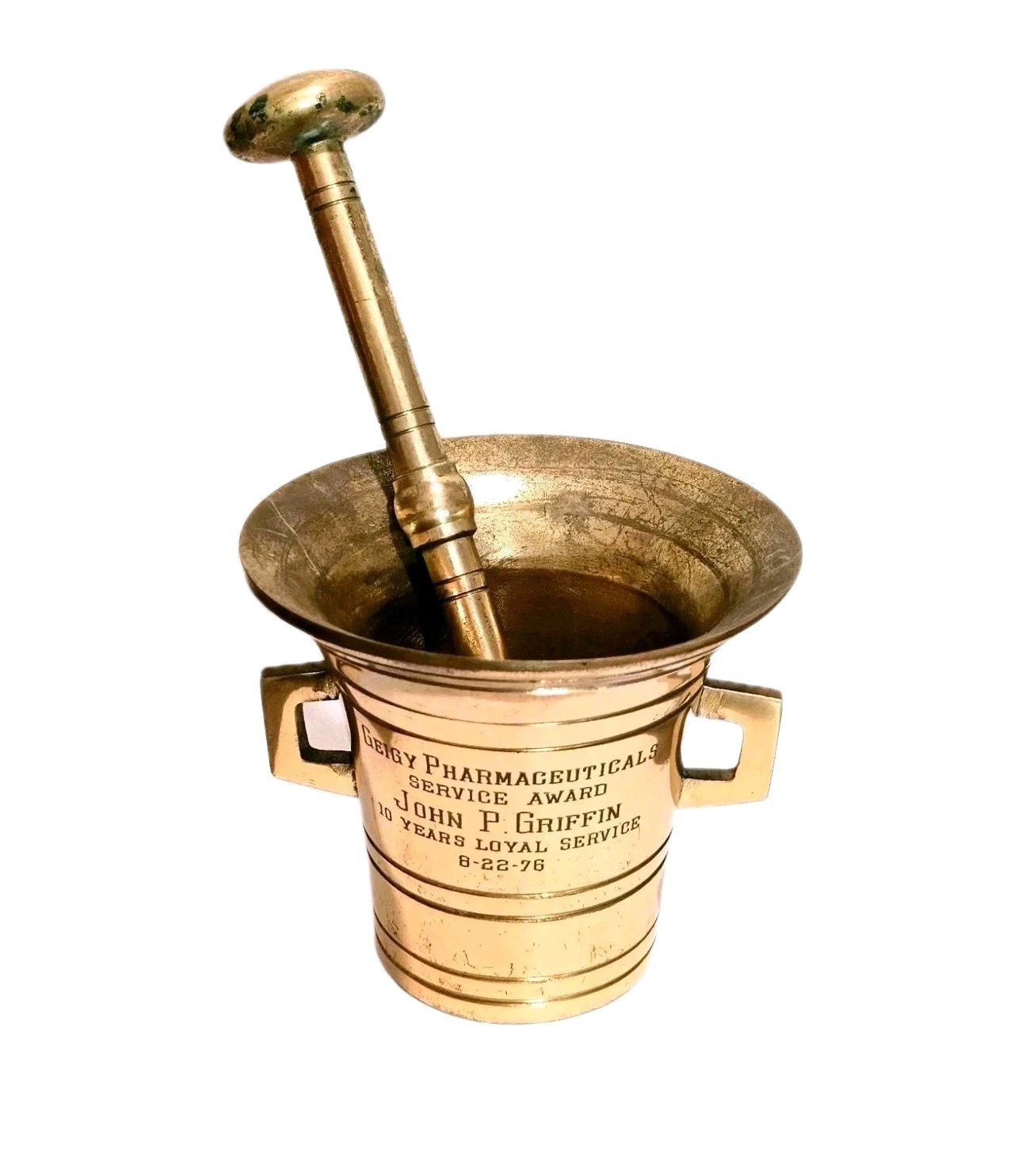 Vintage 1976 Geigy RX Mortar & Pestle Pharmaceutical Service Award John Griffin