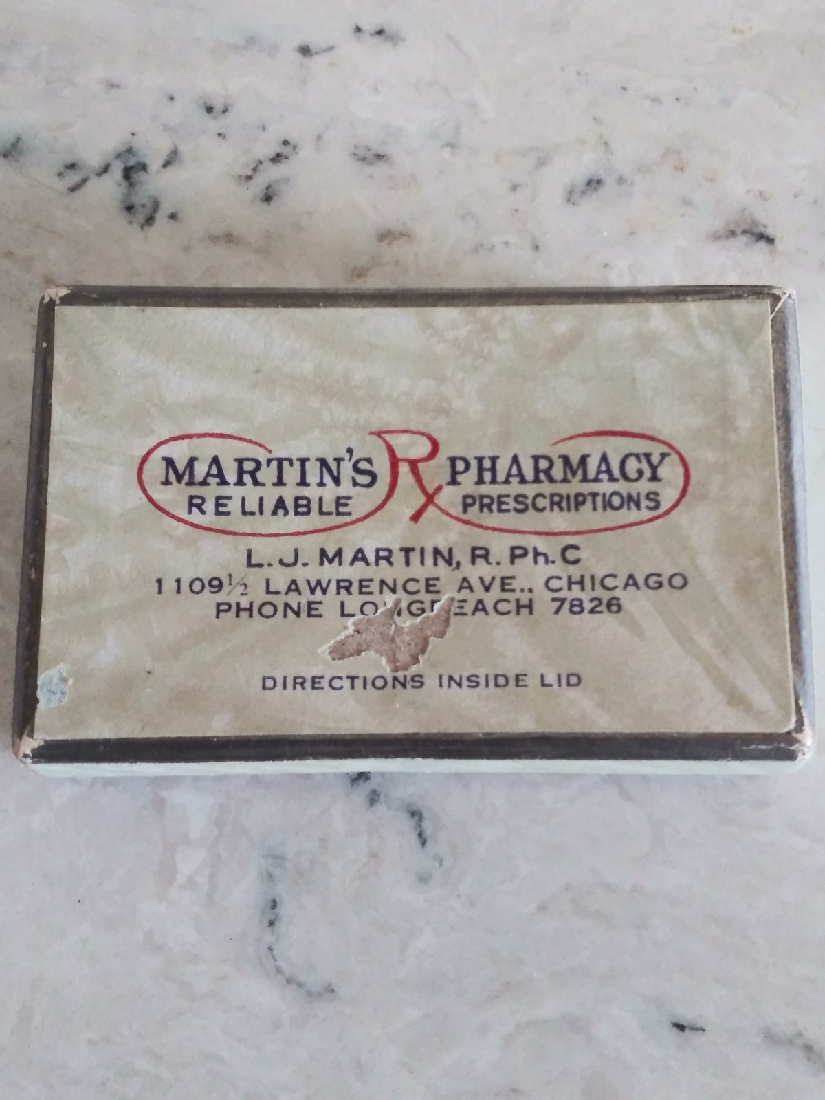 Vintage Drug Store Prescription Pill Box Martin’s Reliable Pharmacy 1942 Chicago