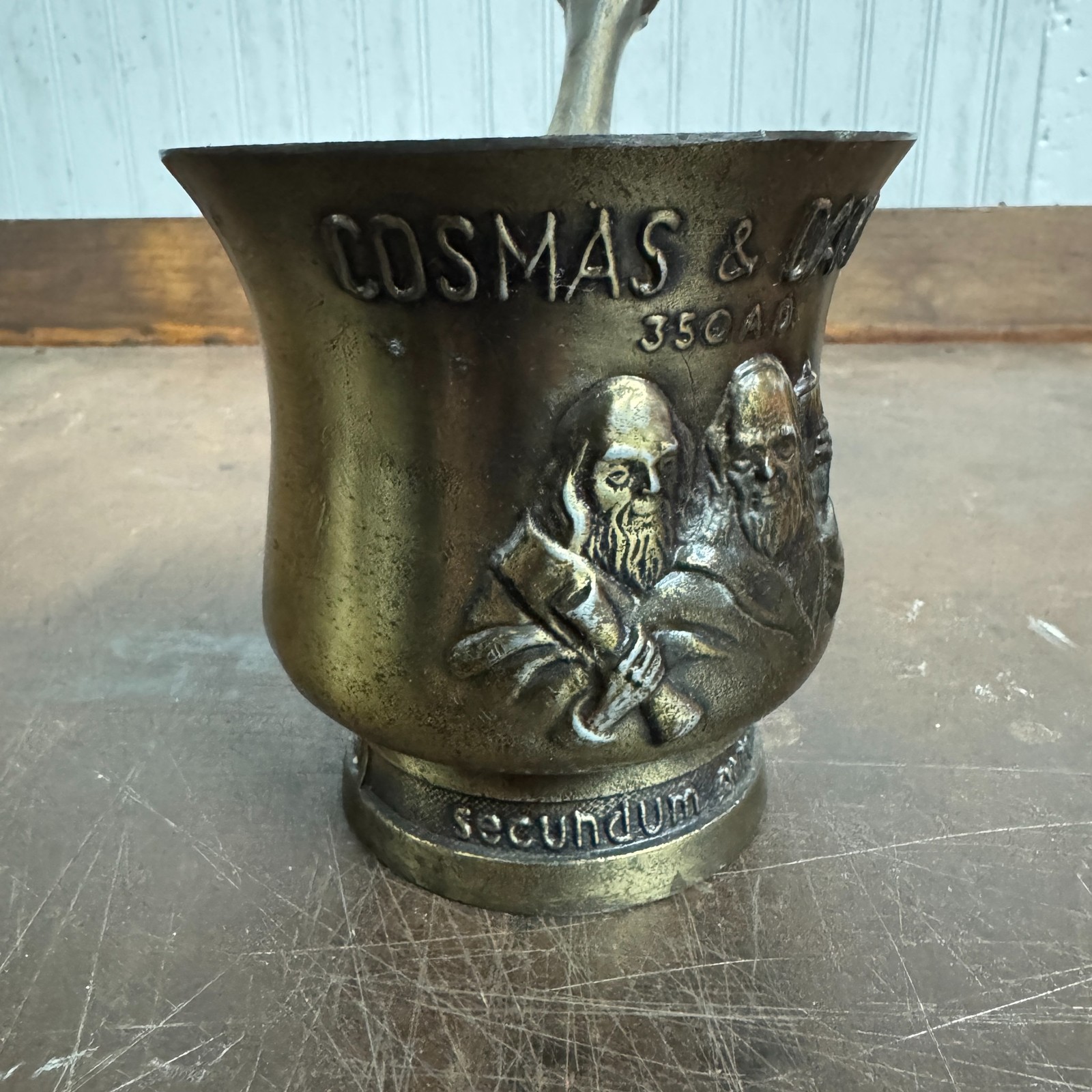 Vtg CORICIDIN Advertising Motor & Pestle Apothecary / Pharmacy – Cosmas & Damian