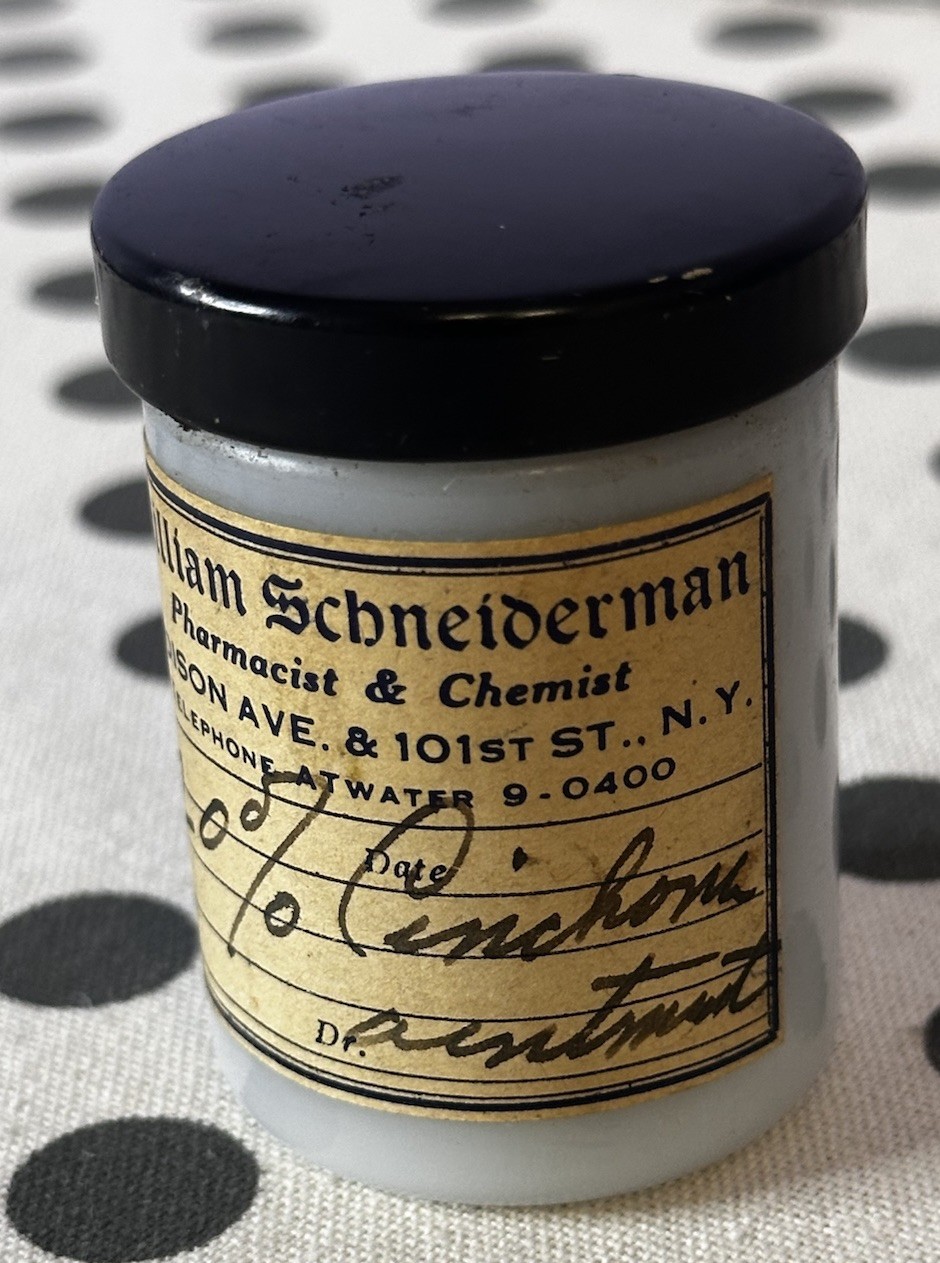 Vintage Apothecary Milk glass Jar w/ Product NYC Pharmacist RARE Display Collect