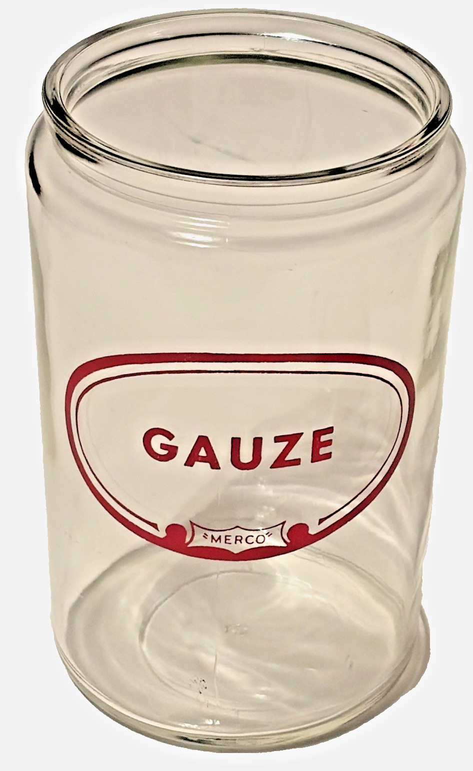 MERCO Gauze Glass Medical Apothecary Glass Jar with Lid 7.5″ Vintage READ / SEE*