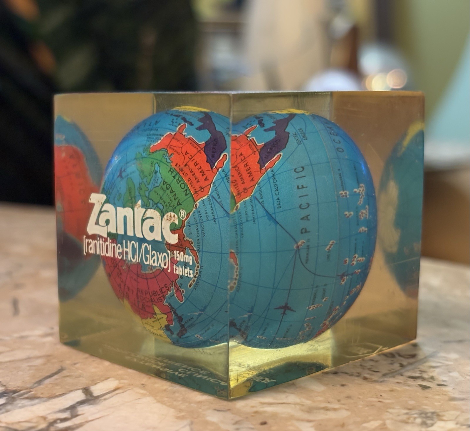 Vintage Zantac Glaxo Roche Pharmaceutical Acrylic Globe Paperweight