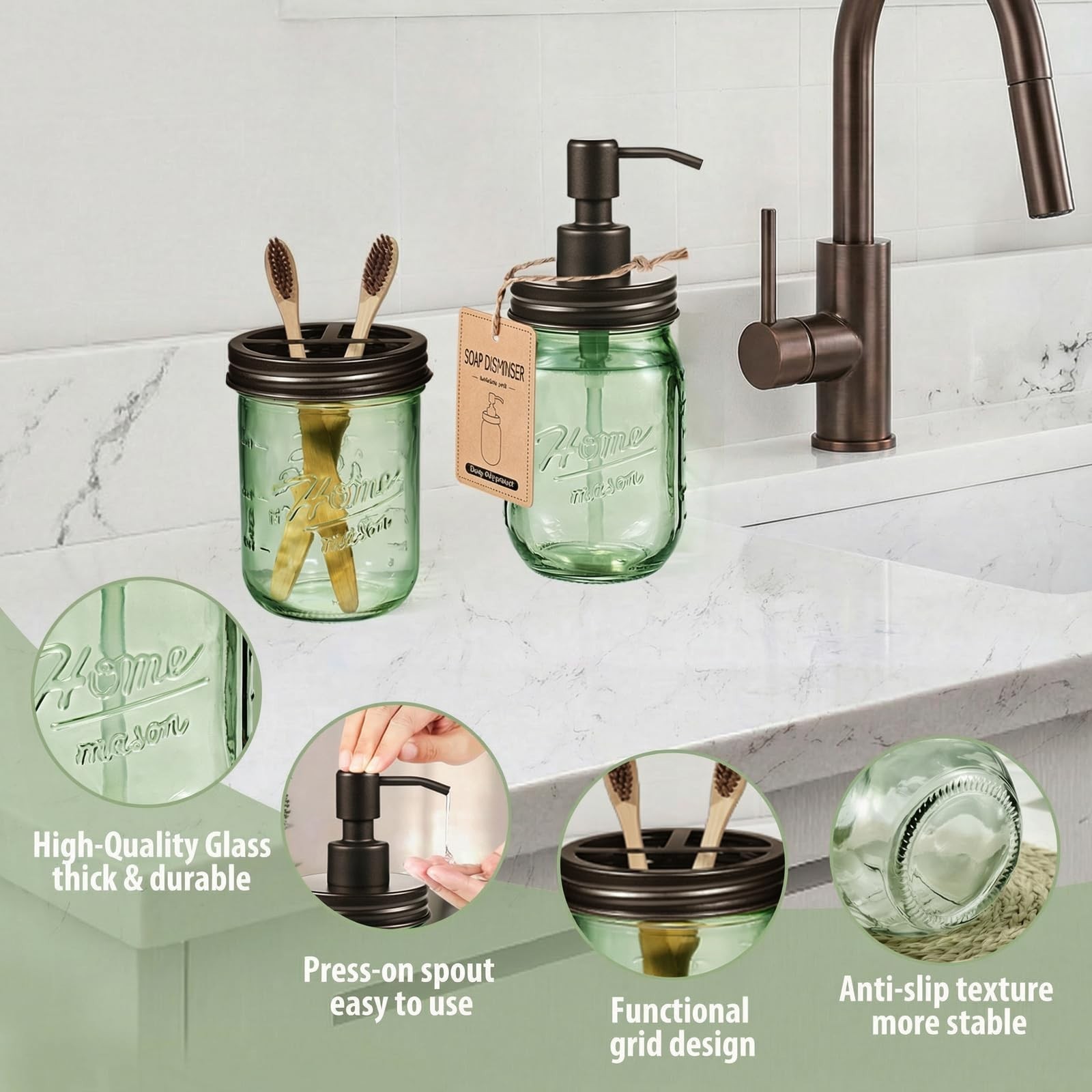 SheeChung Green Bathroom Accessories Set, 6Pcs Mason Jar Glass Bathroom Set, …