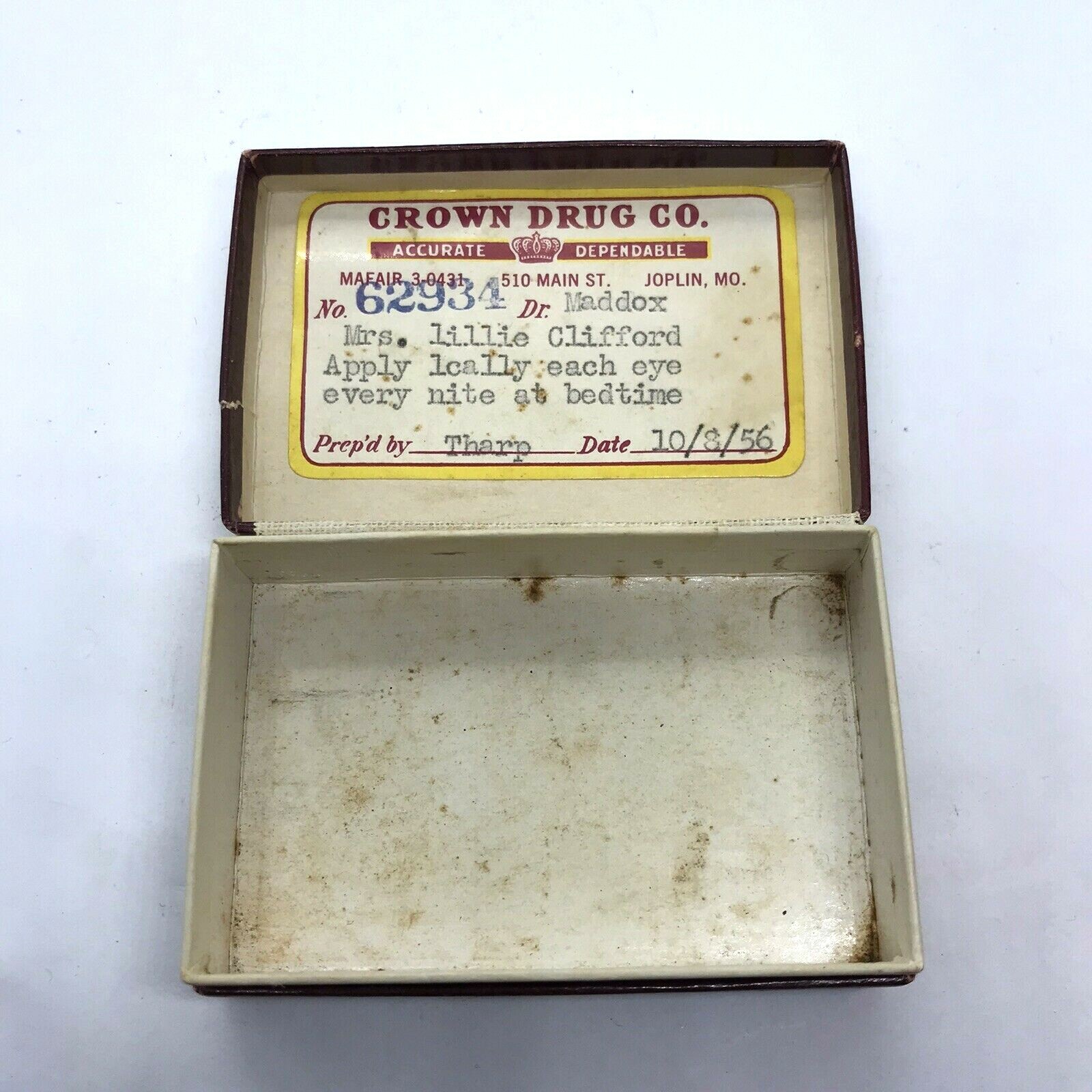 Vintage Crown Drug Co Pharmacy Prescription Pill Box 1950s Medicine Joplin Mo