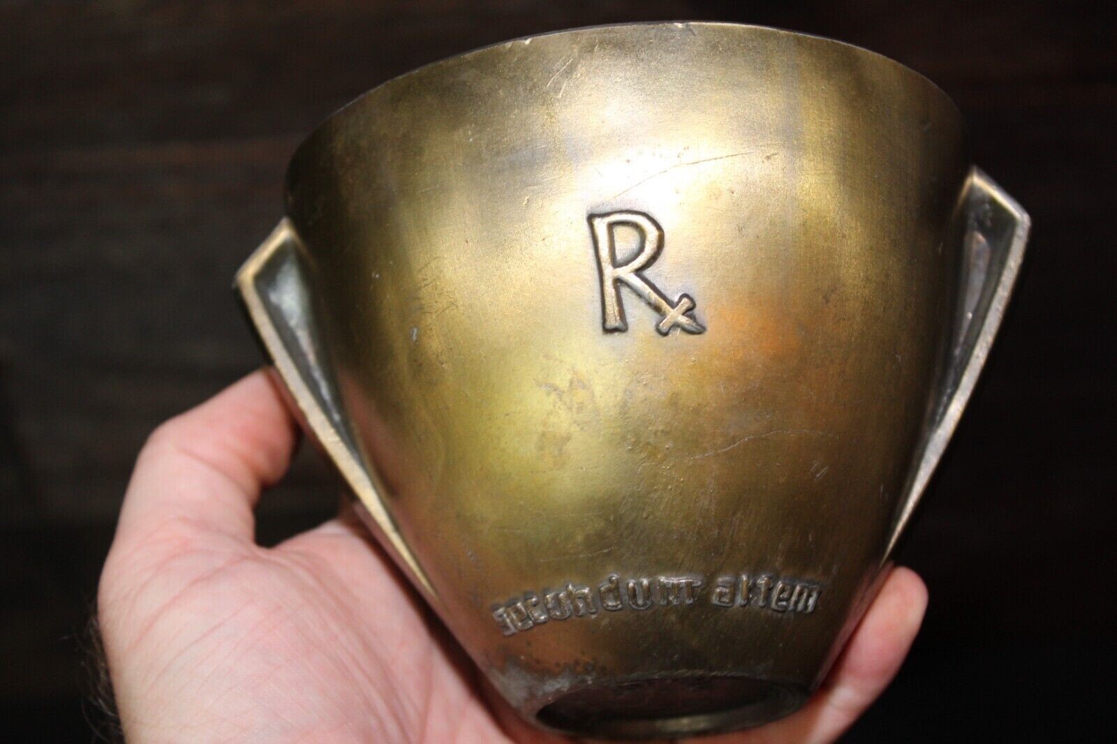 Vintage Brass Mortar Wood Pestle Secundum Artem Pharmacy Class 1969 Schering RX