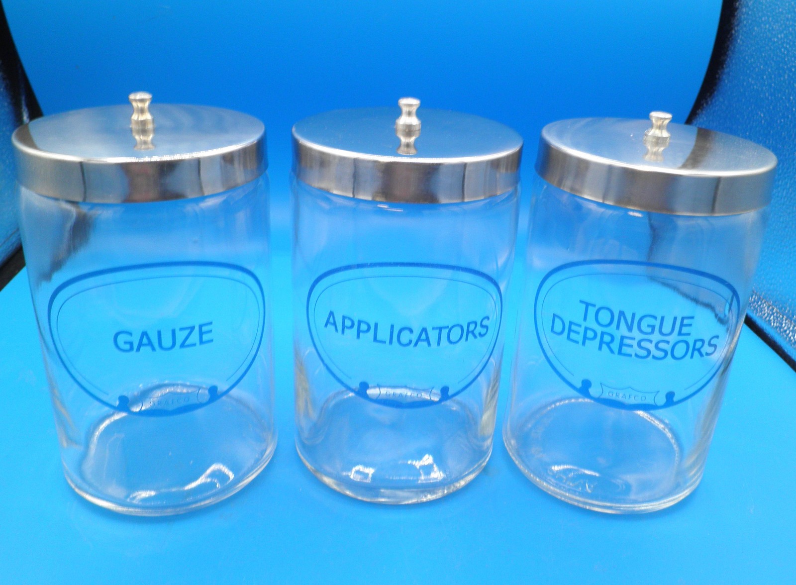 Grafco medical apothecary jars tongue depressors gauze applicators and lids