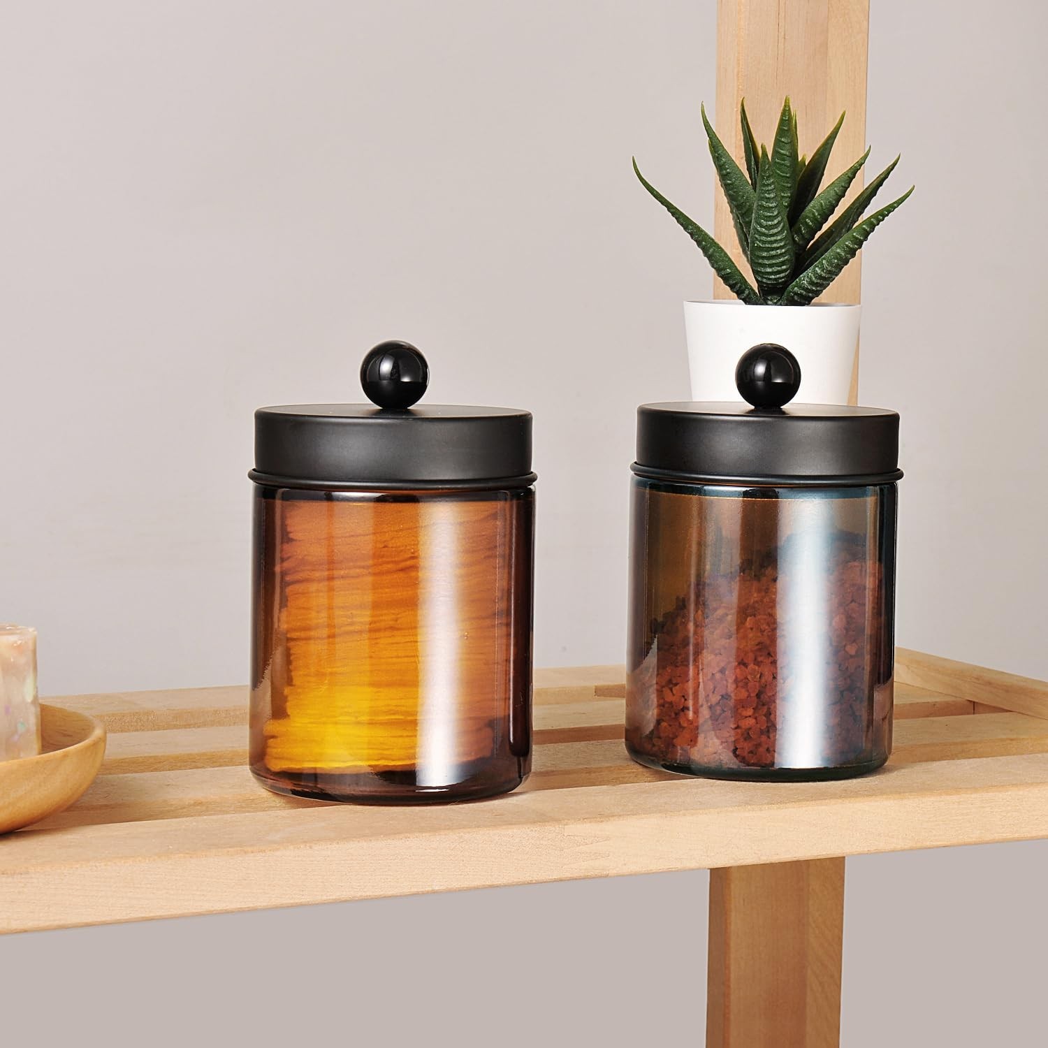Amolliar Amber Glass Qtip Holder, Apothecary Jars with Matte Black Metal Lid …