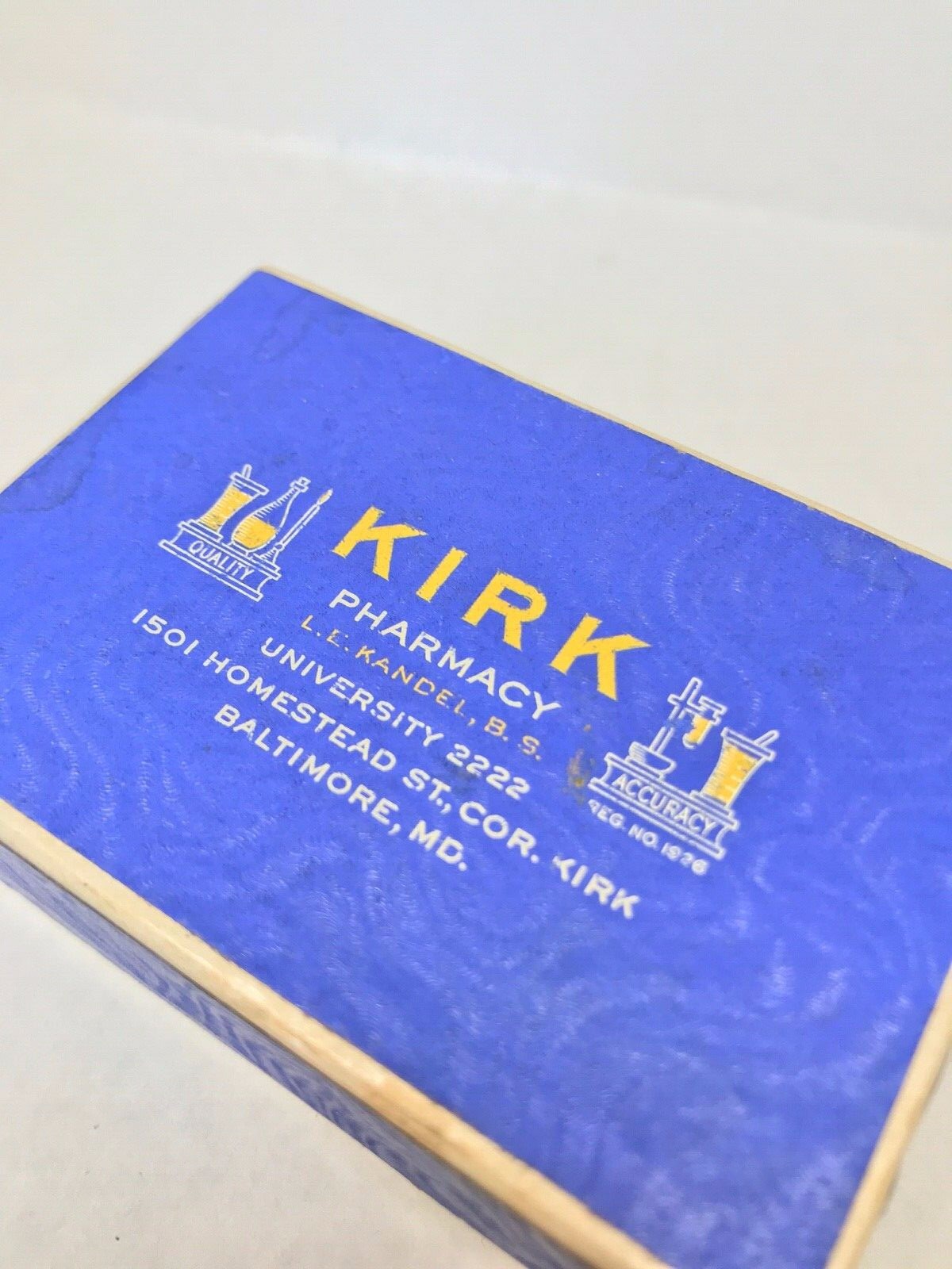 Vintage Kirk Pharmacy Prescription Pill Box, 1940s Baltimore, Maryland