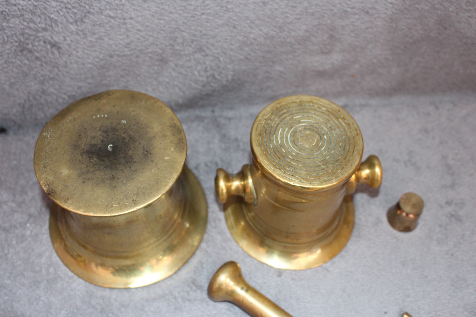 3 x Brass Pestel and Mortars inc one miniature, one antique, one vintage in vgc