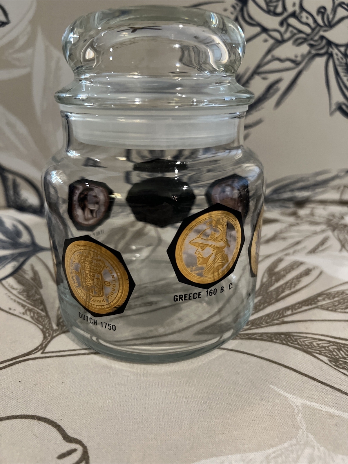 RARE Vintage Gold & Black Apothecary Jelly Bean Jar “Coins Around the World”