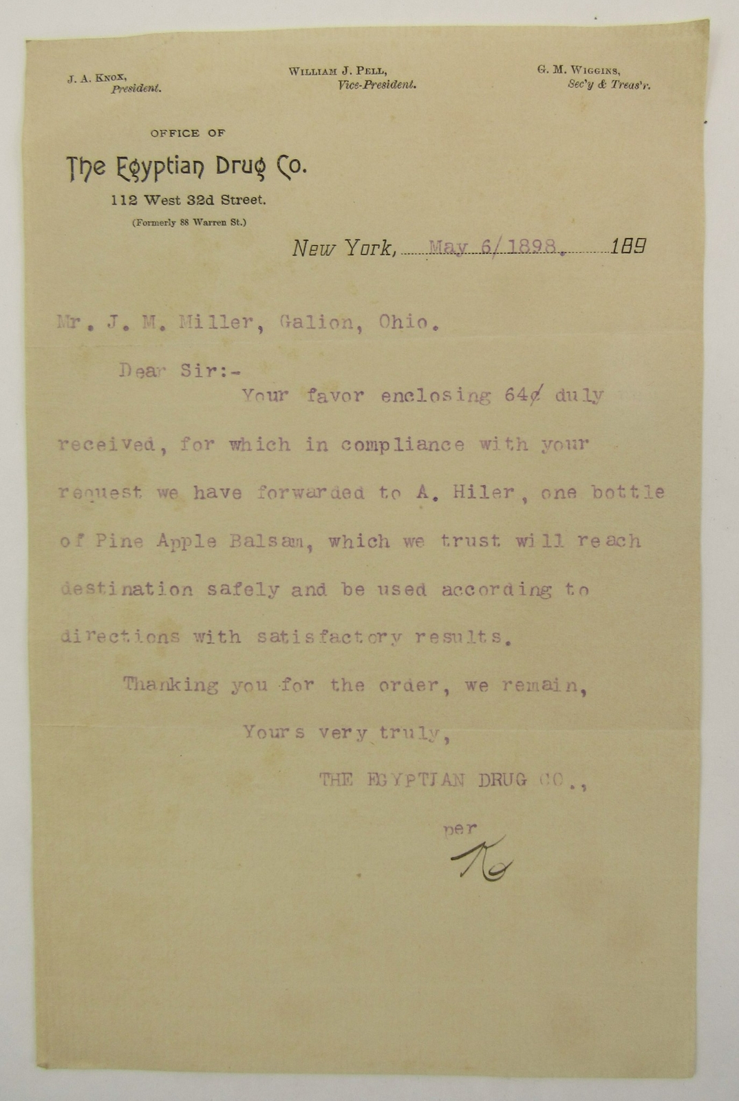1898 Letter The Egyptian Drug Company 32nd St New York City Apple Balsam Drugs