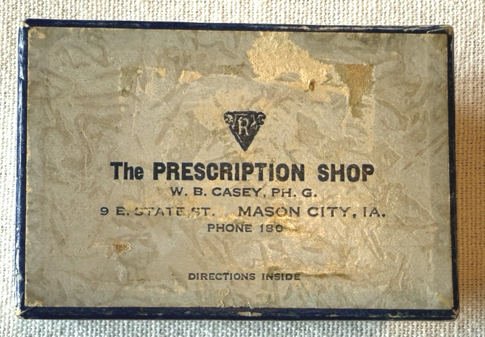 RX PRESCRIPTION CARDBOARD BOX, 1941. “The Prescription Shop” Mason City, Iowa.