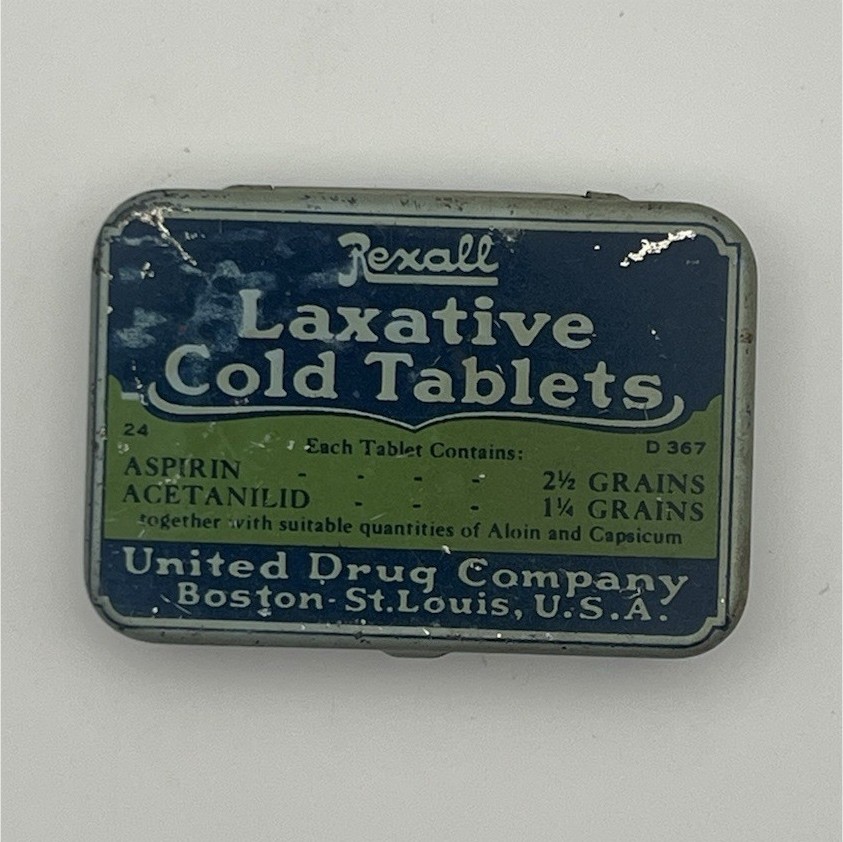 Vintage Rexall Laxative Cold Tablets Tin United Drug Company Empty