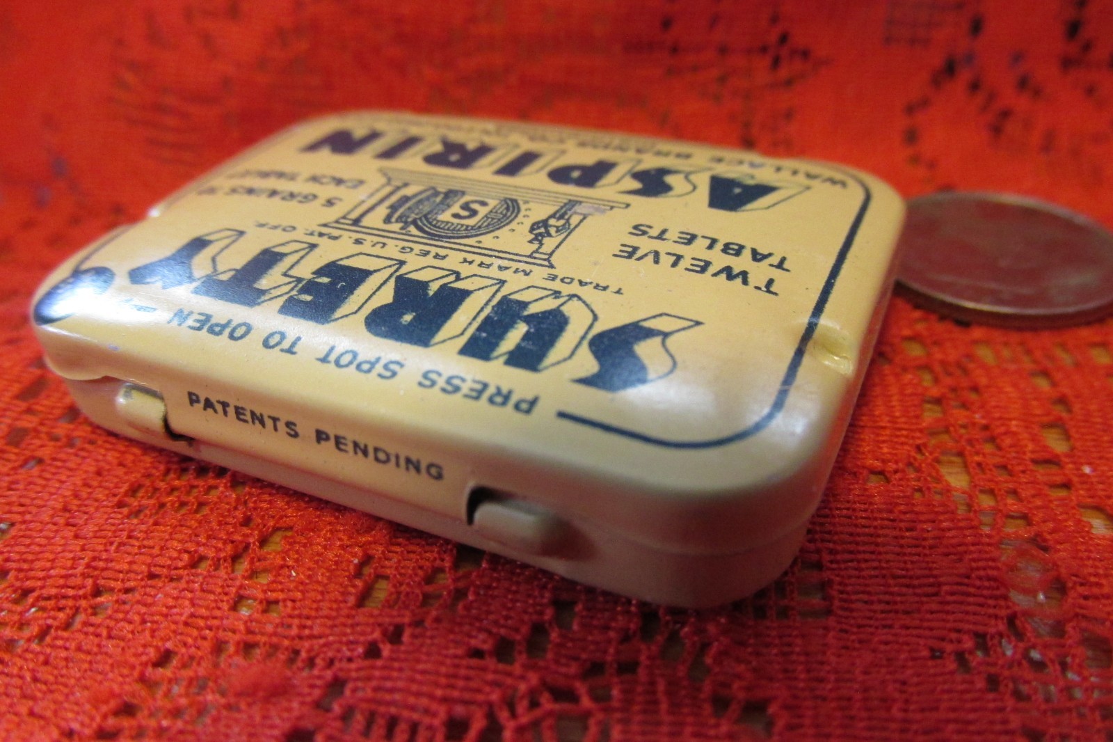 Vintage Metal Surety Aspirin tin Box Wallace Brands Co. USA full