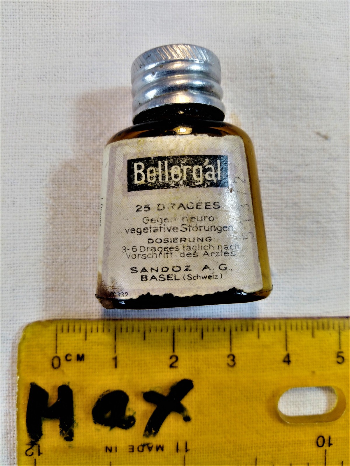 Vtg glass botlle SANDOZ – BELLERGAL barbiturate, LSD pharmacy Swiss