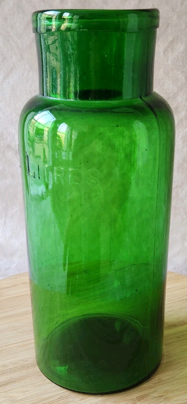 Vintage Large Glass Pharmacy Jar Or Pot Bullet 2 L Green Color
