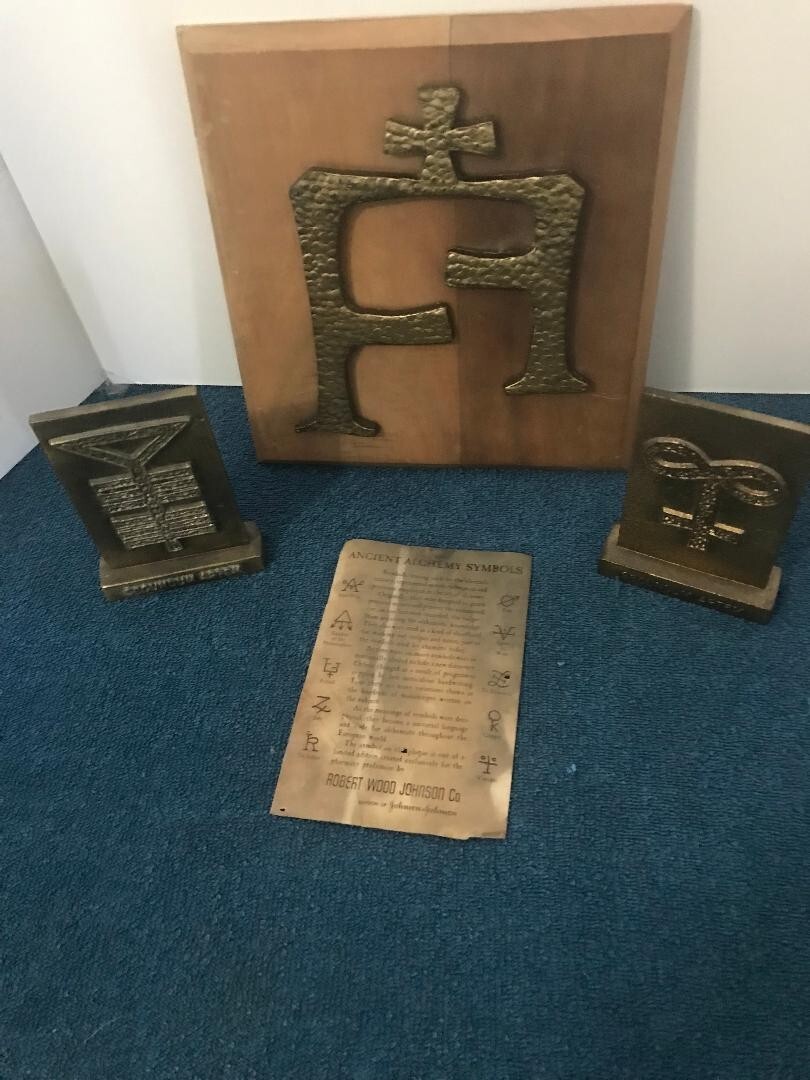 Vintage Pharmacy Apothecary Greek symbols brass paperweights Tinactin adv