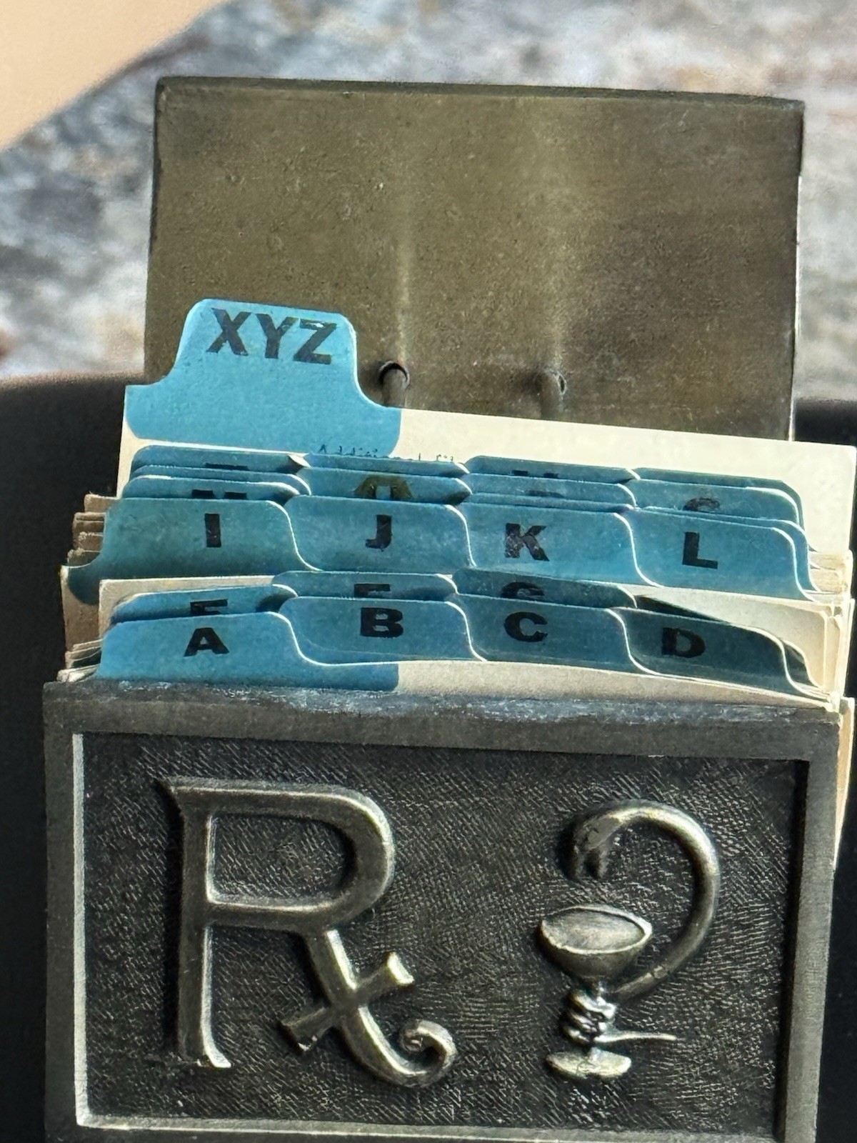 Vintage RX Pharmacy Rolodex Card File Cast Brass Desktop Apothecary Oddity