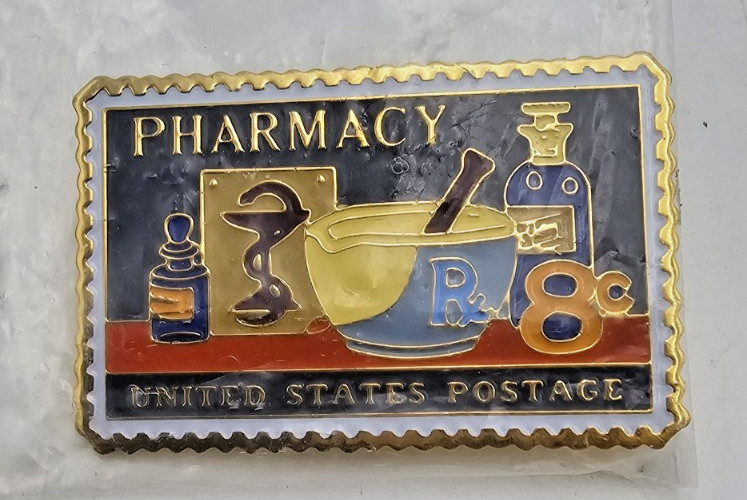 Allen & Hanburys Pharmacy United States Postage Stamp Enamel Lapel Pin Vintage