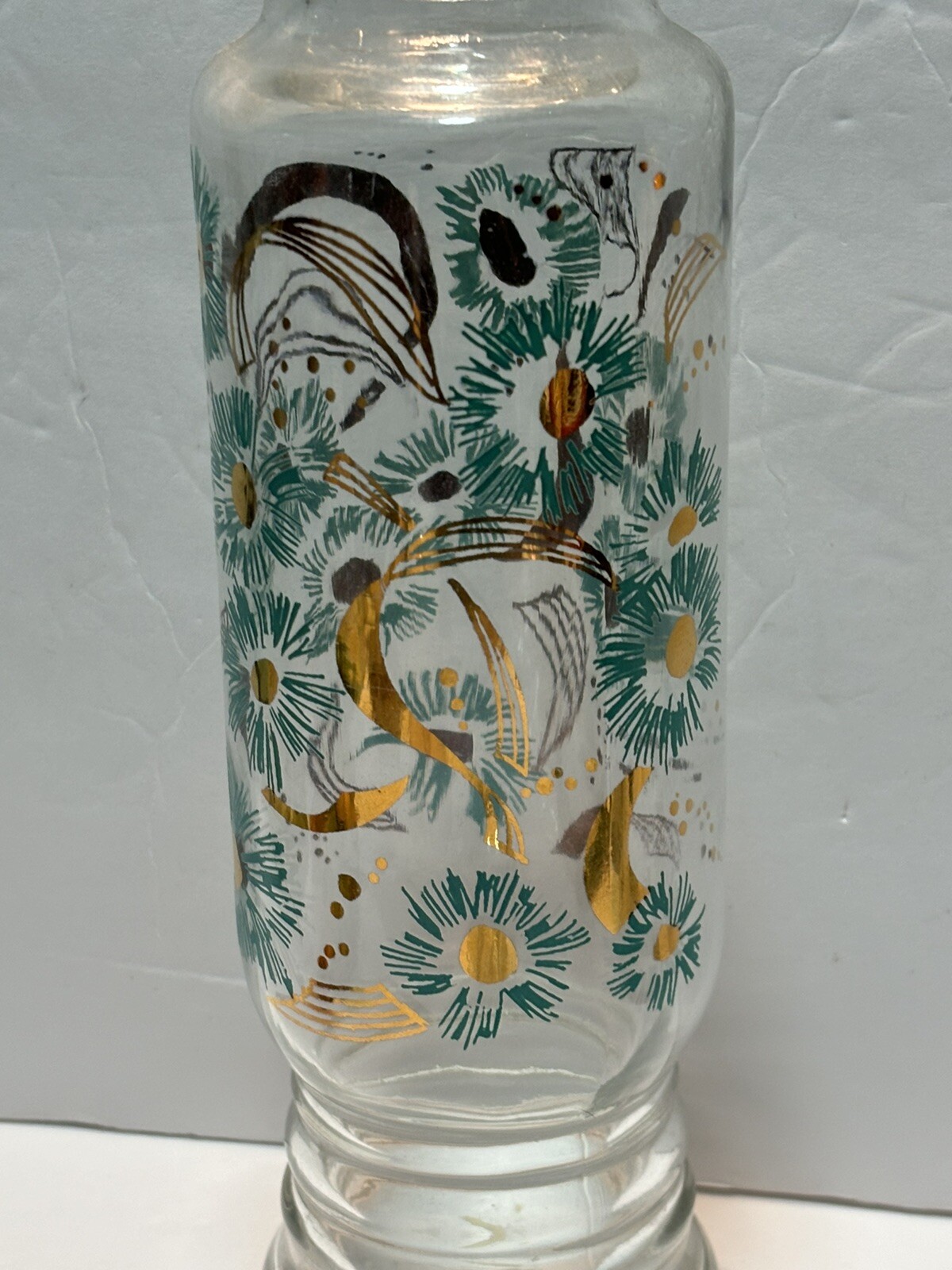 ViNTaGe MiD CeNTuRy GLaSs 11″ Apothecary Jar ReTRo AQuA BLuE & GoLD FLYING BIRDS