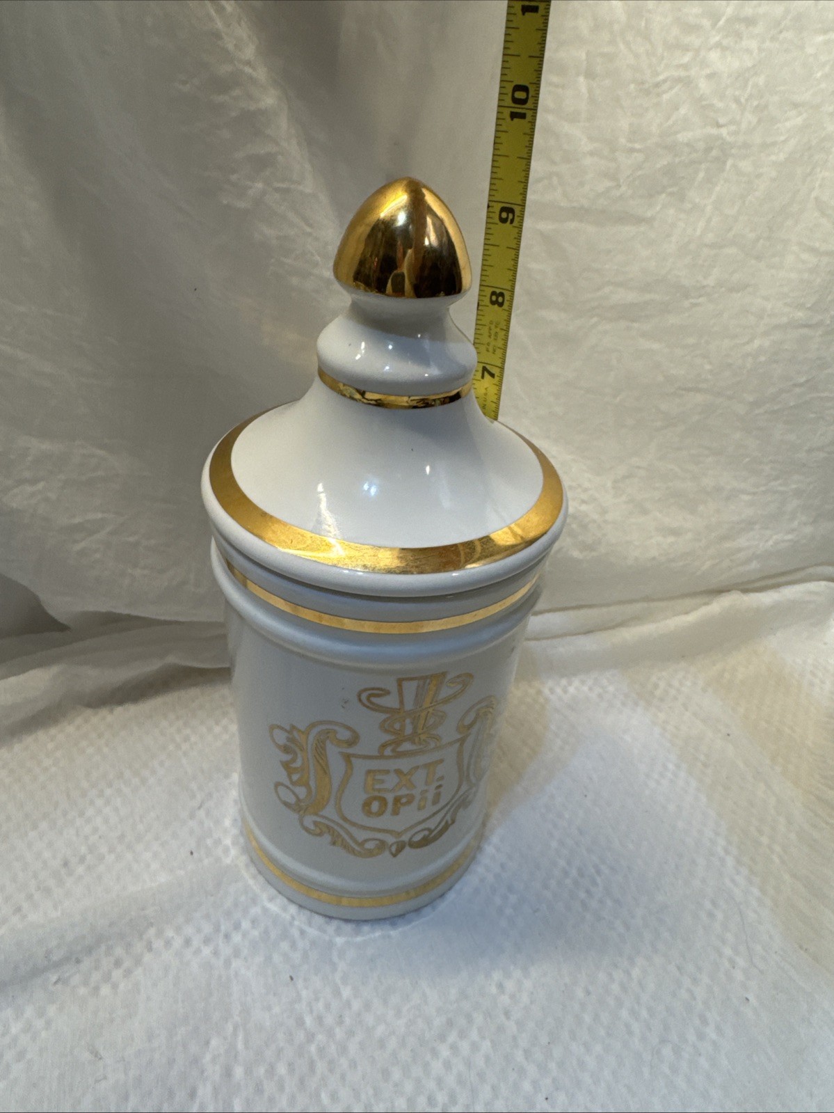 Vintage Pharmacy EXT OPii Canister Jar w/ Lid-Cream & Gold Trim-Owens Glass IL