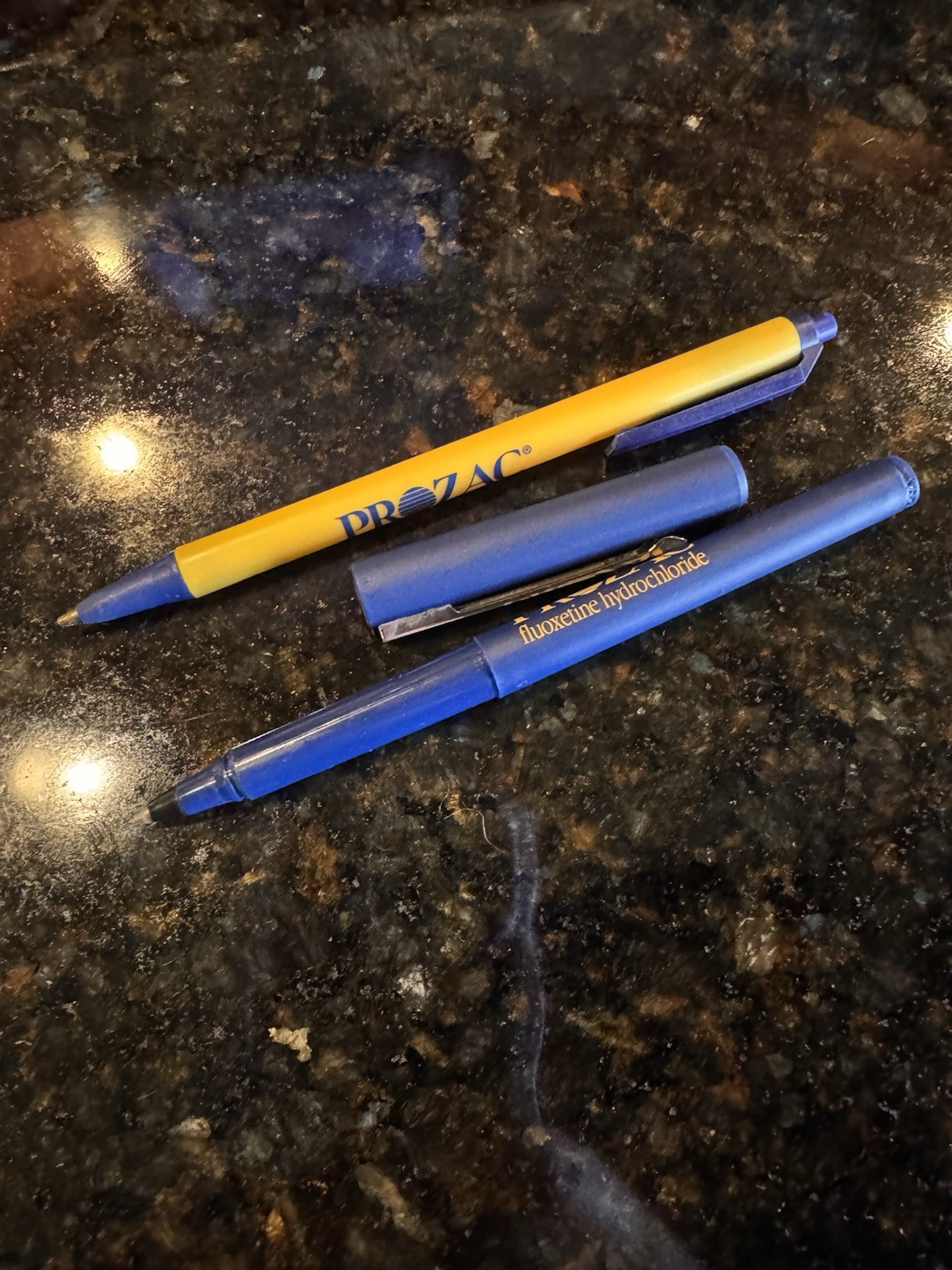 Vintage Lot Of 2 PROZAC FLUOXETINE HCL Pharmaceutical Drug Rep Pens Blue Yellow