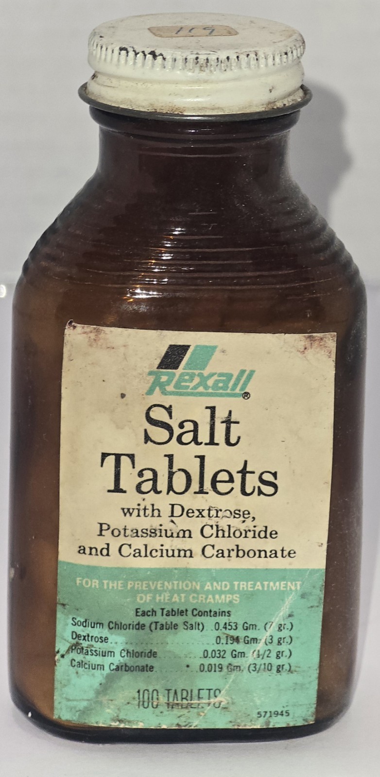 Vintage Rexall Salt Tablets Brown Glass Bottle With Metal Cap