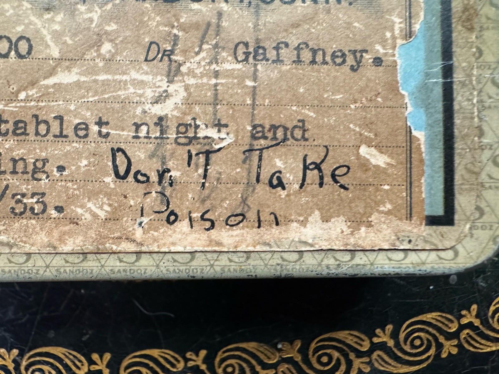 Antique 1933 Drug Store Danbury, CT Handwritten Don’t Take Poison Label Box