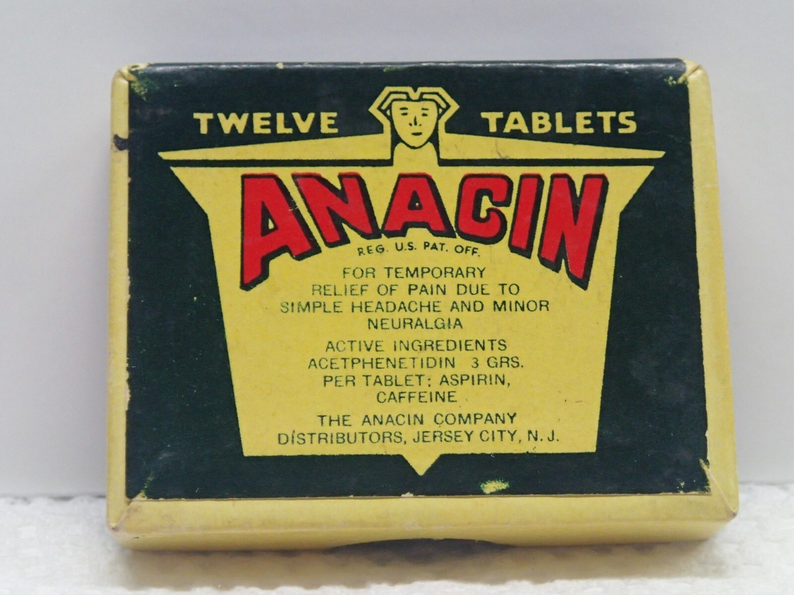 Vintage Anacin 12 Tablets Headache Cardboard Medicine Box Jersey City N.J.