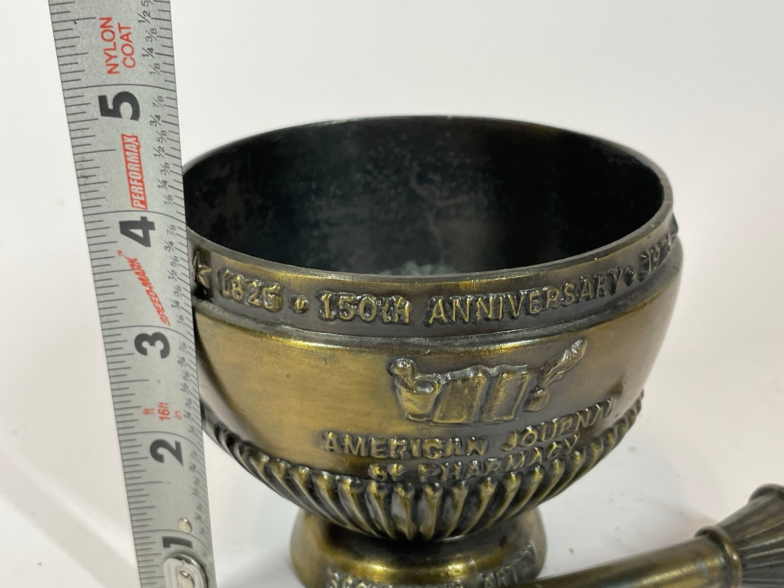 Vintage First American Pharmacy Journal Cast Brass Bronze Mortor & Pestle Set
