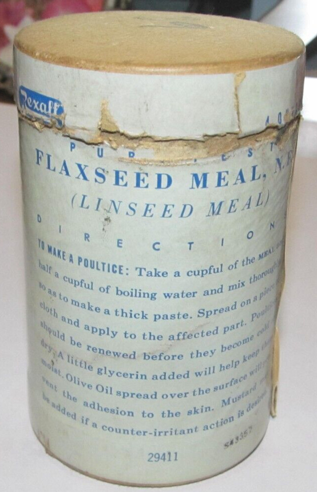 Vintage Rexall Cardboard Container Paper Label Flexseed Meal Medical Doctor