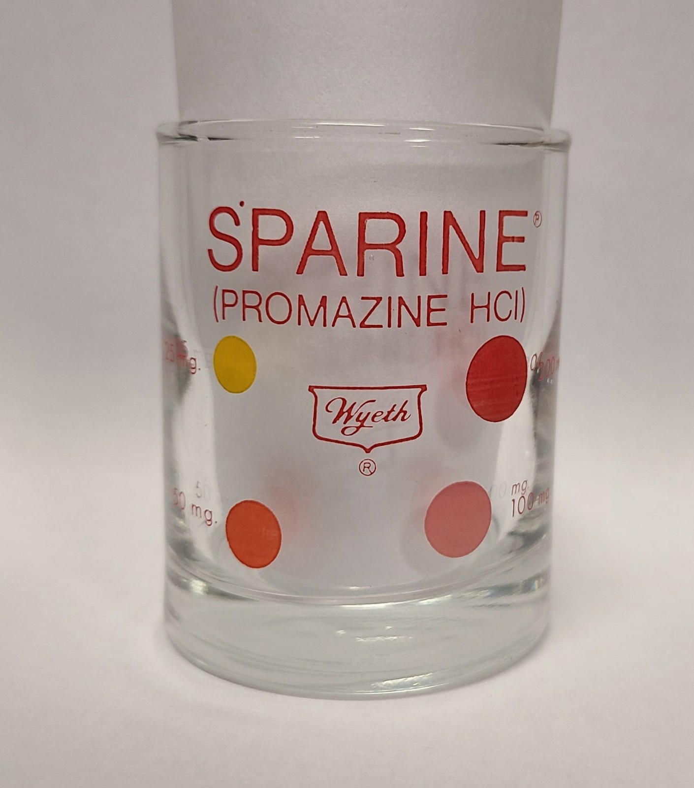 SPARINE WYETH Shot Glass Measuring Cup Vintage Red Dots 2 oz